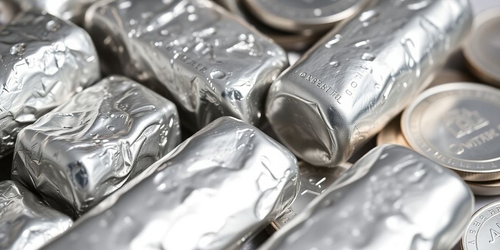 Lingots et pièces d'argent brillants.