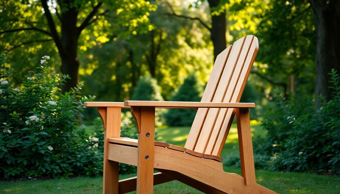 Realistic wooden Adirondack chair in a garden setting.