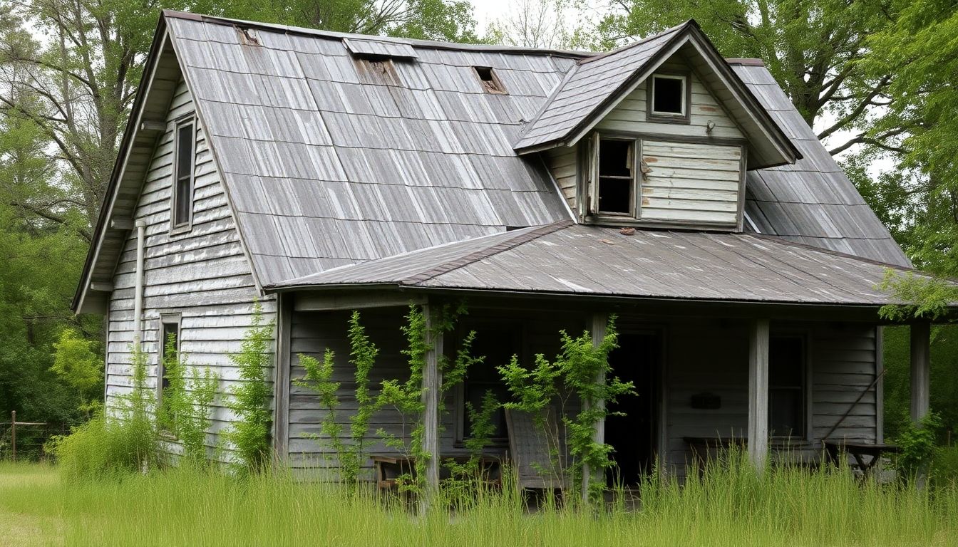 Old house with cracks and peeling paint.