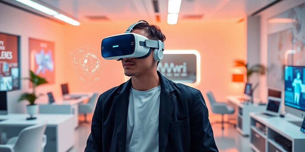Person using VR headset in a modern workspace.