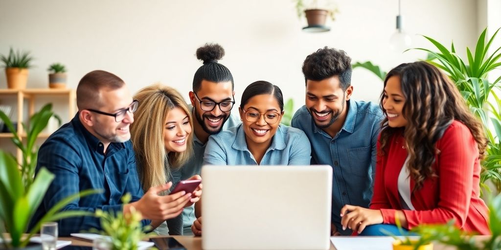 Group collaborating on digital marketing strategy around laptop.