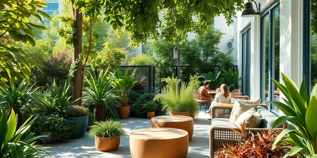 Lush green outdoor space with seating for relaxation.