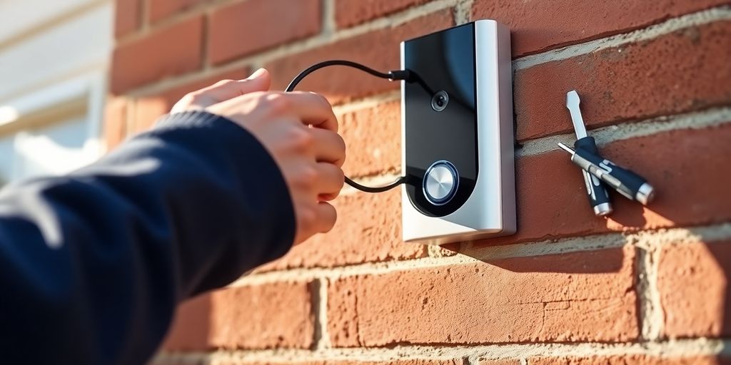 Man installing smart doorbell on brick wall.