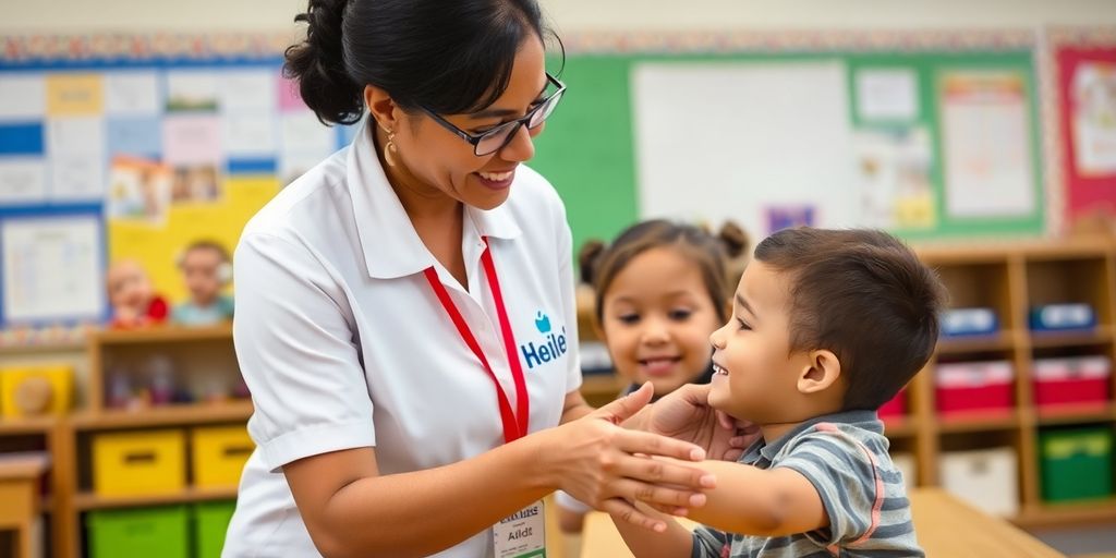 Schulbegleiter hilft einem Kind im Klassenzimmer.