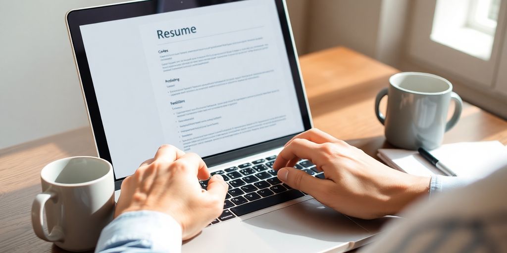 A person crafting a resume on a laptop.