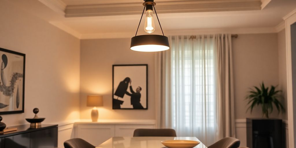 Elegant dining room chandelier above a modern table.
