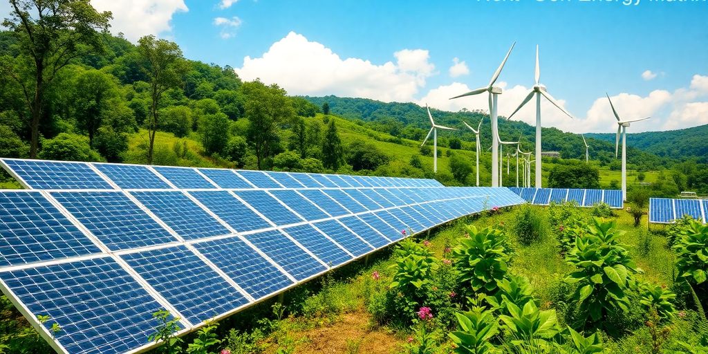 Solar panels and wind turbines in a green landscape.