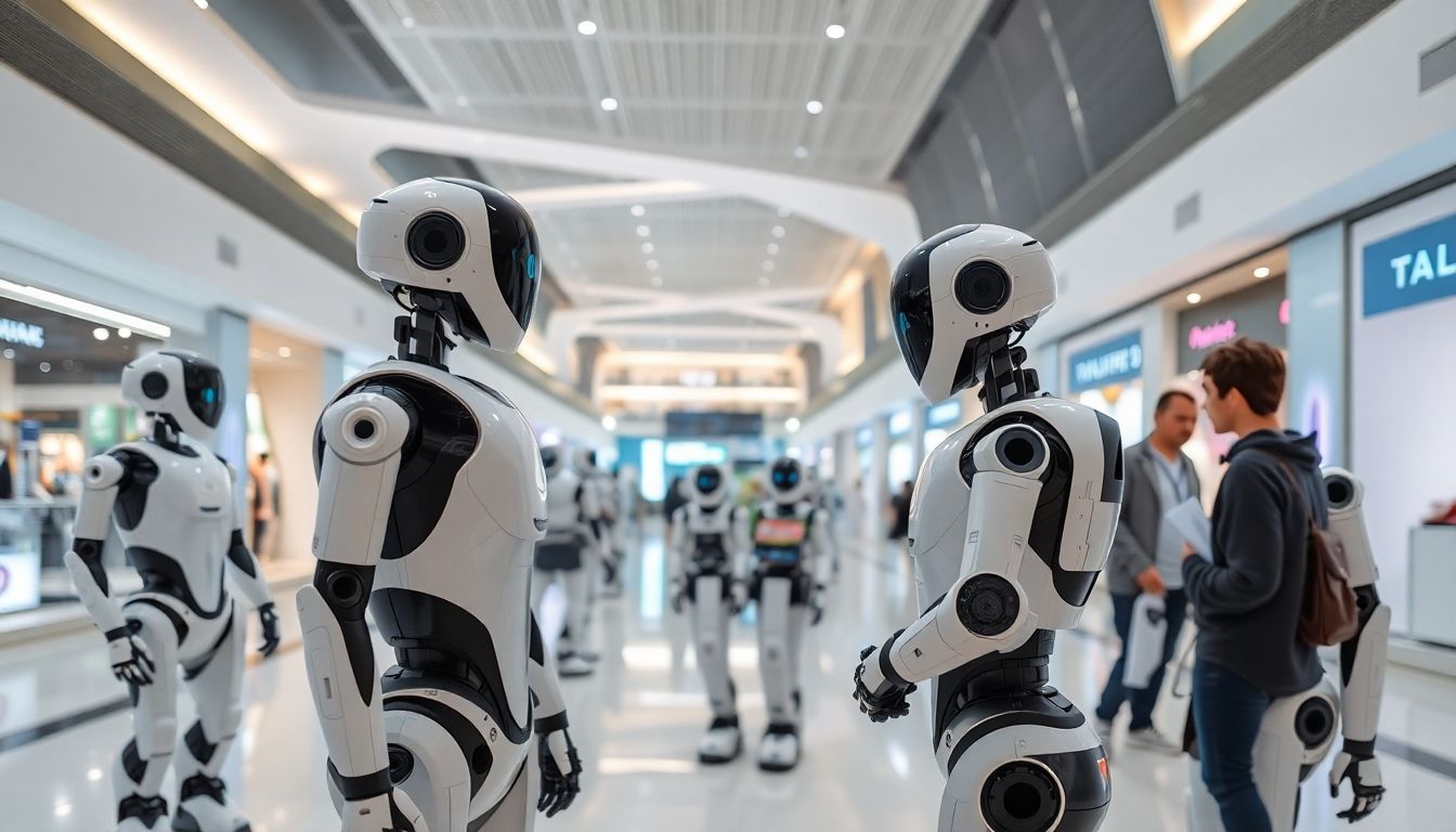 Robots interacting with shoppers in a modern, futuristic mall.