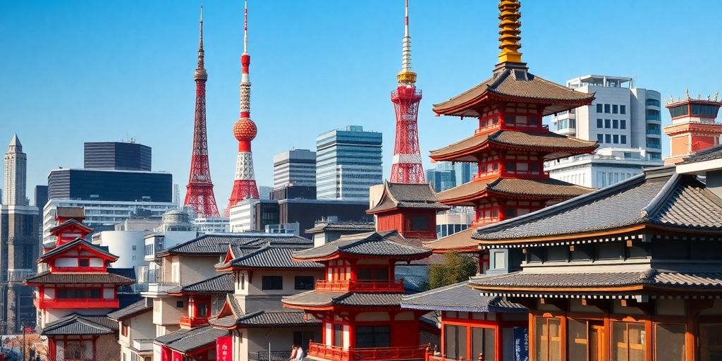 Tokyo skyline with traditional and modern buildings.
