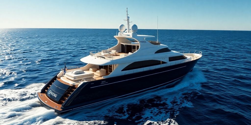 Sleek Viking yacht sailing on azure water.