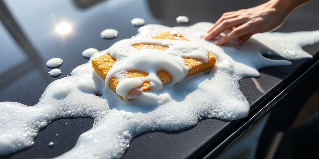 Close-up of a shiny car being hand washed.