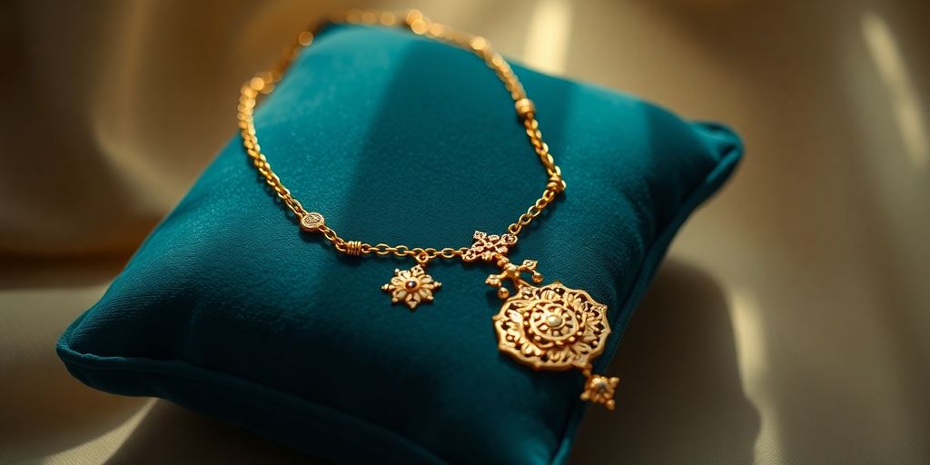 Collier en or sur un coussin en velours.