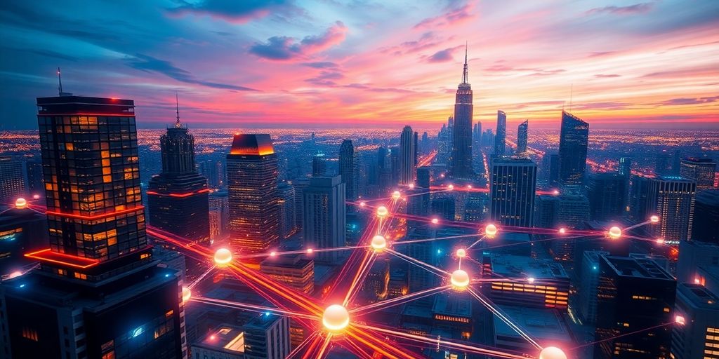 Futuristic cityscape with glowing digital blockchain networks.