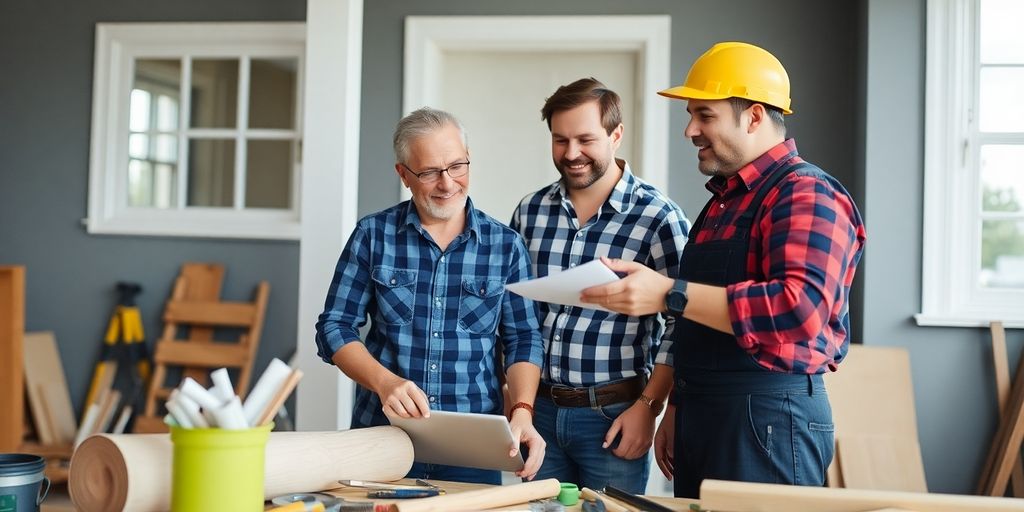 Homeowner and contractor discussing house repair project together.