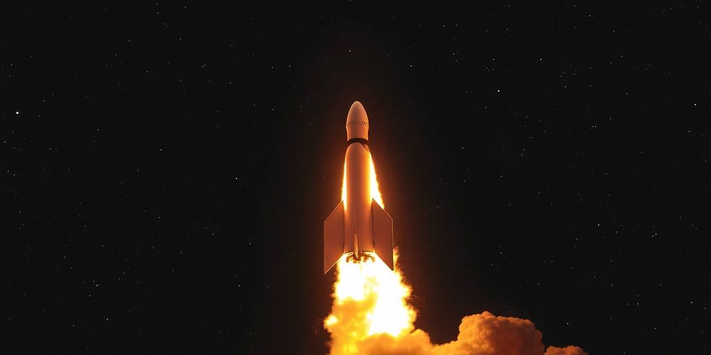 Rocket launching into a starry sky.