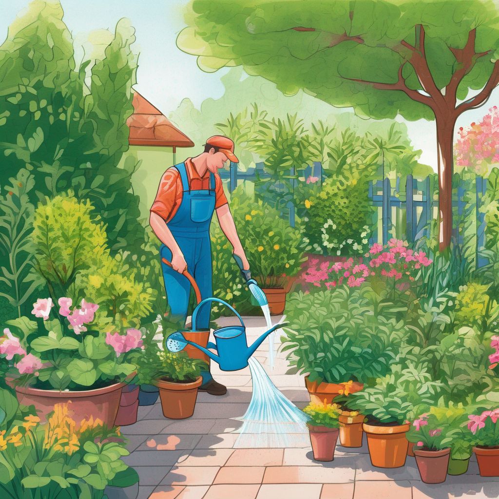 professional gardener watering plants in a lush garden