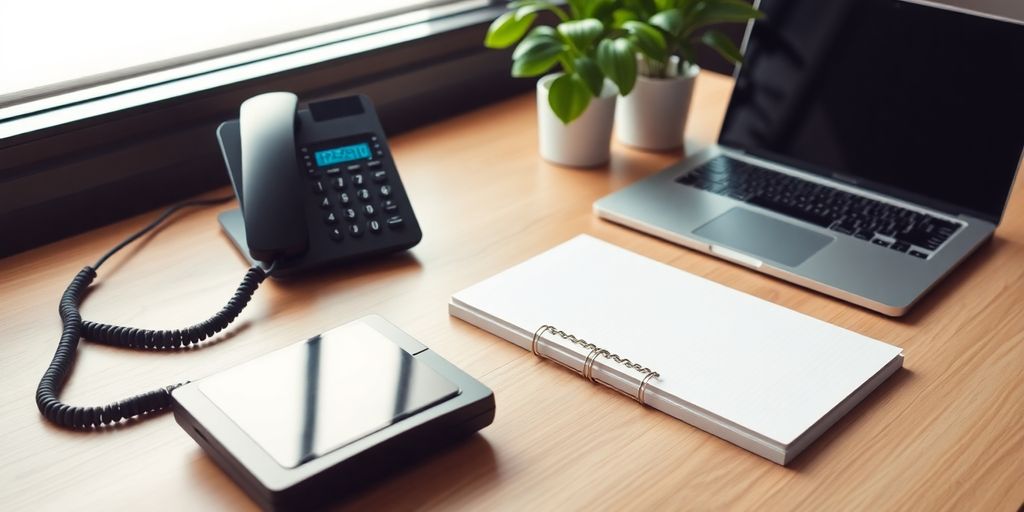 Modern office desk with phone, laptop, and notepad.