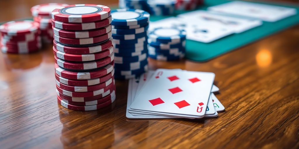 Casinos chips and playing cards scattered on a table.