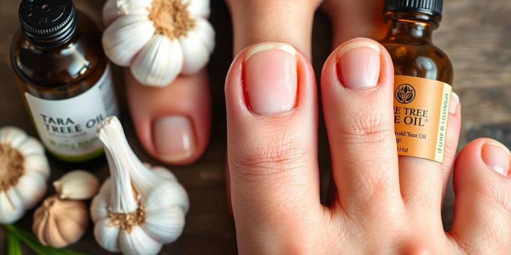 Unhas saudáveis com remédios caseiros ao redor.