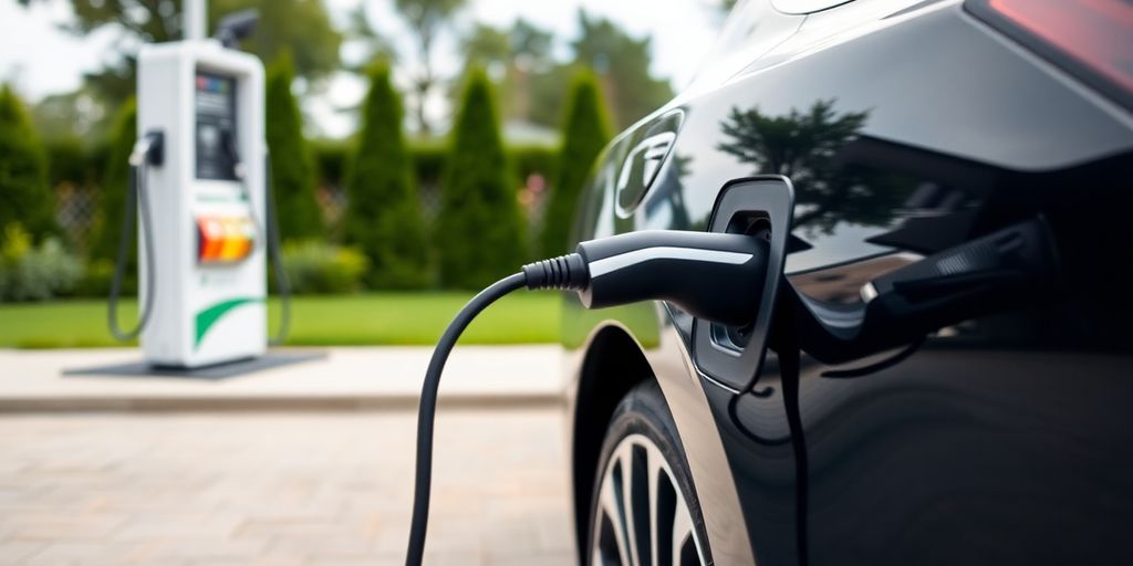 Electric car charging next to a gas pump.