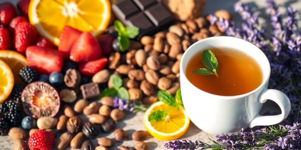 مجموعة فواكه، مكسرات، وشاي أعشاب مع أعشاب طازجة.