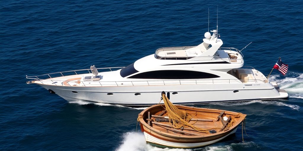 Sleek yacht sailing beside a small fishing boat
