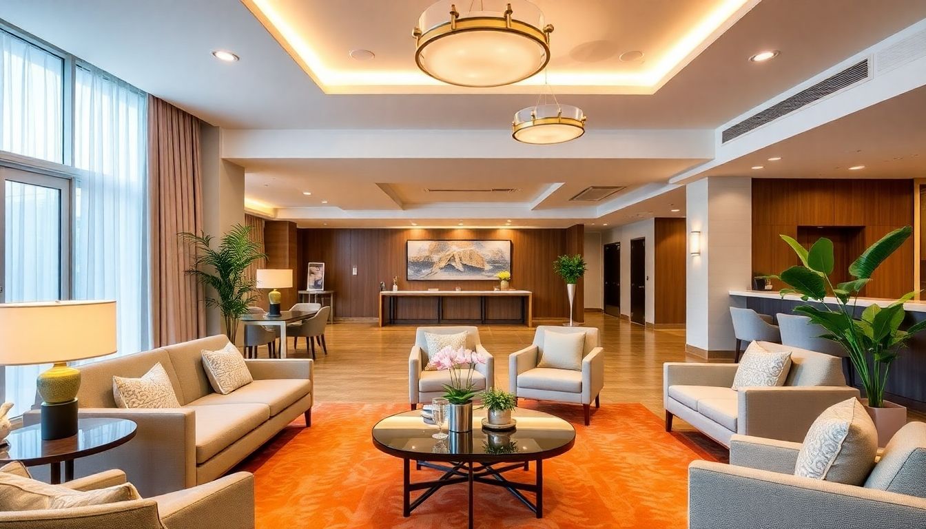 Modern hotel lobby with stylish furniture and elegant lighting.