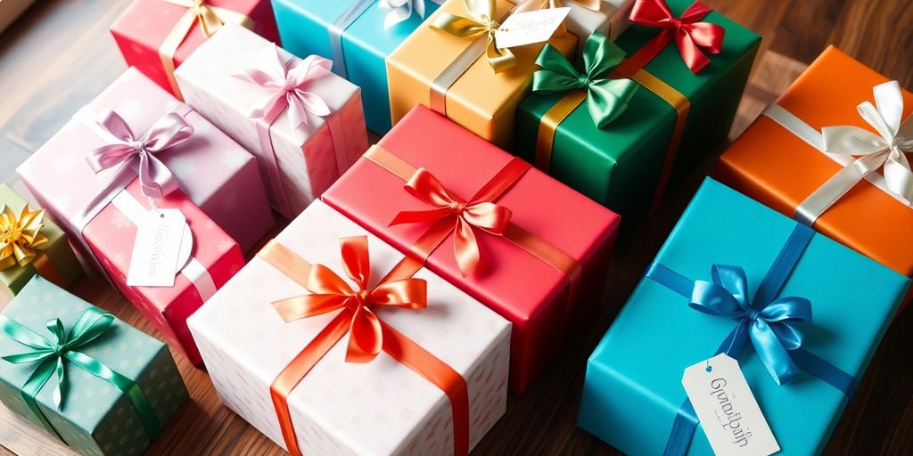 Colorful wrapped gifts arranged on a wooden table.