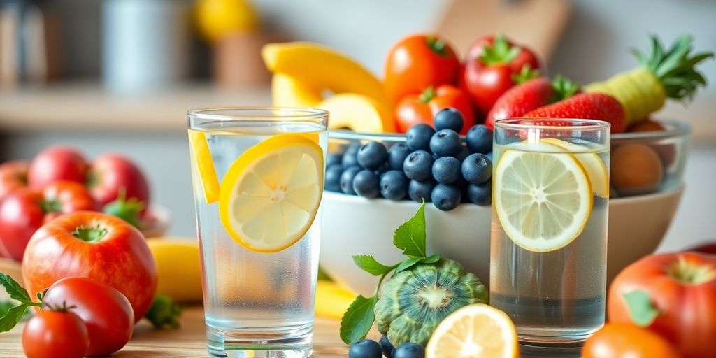Colorful fruits and vegetables in a bowl with water.
