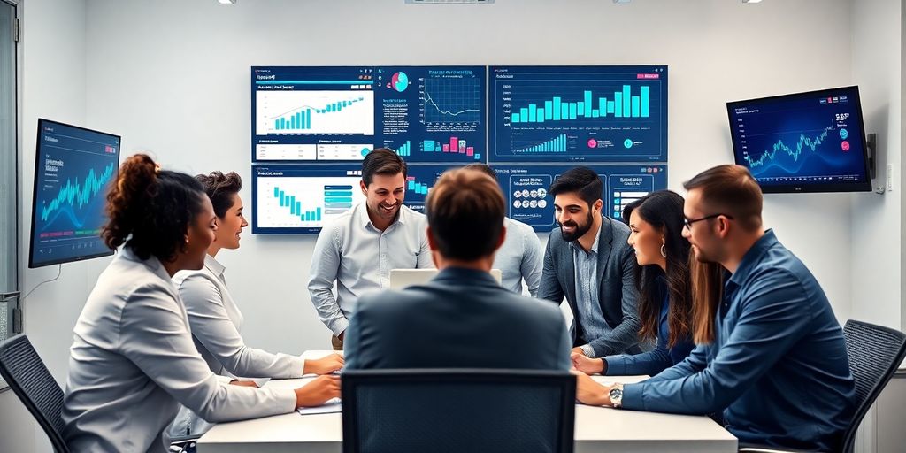 Profissionais de marketing digital em ambiente moderno.