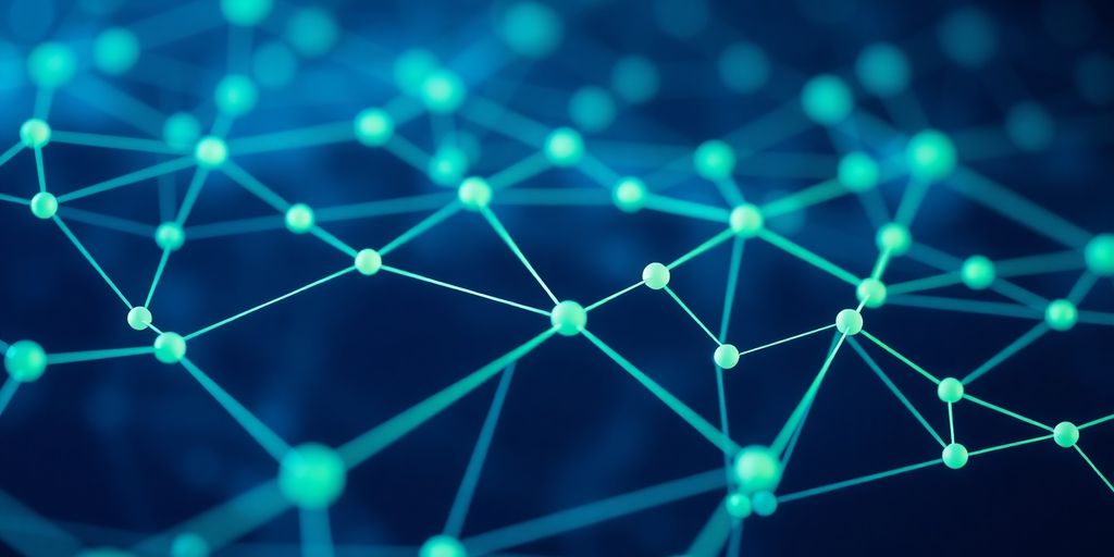 Close-up of a digital blockchain network with glowing nodes.