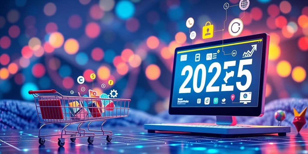 Digital landscape with shopping carts and product icons.