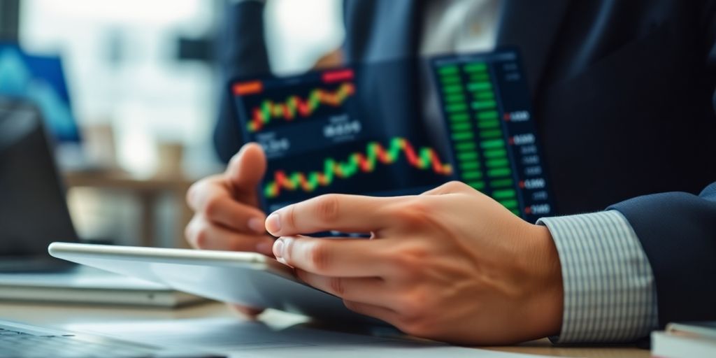 Financial analyst reviewing stock market data on tablet.