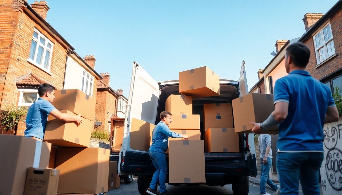 Movers packing boxes during a house clearance in London.