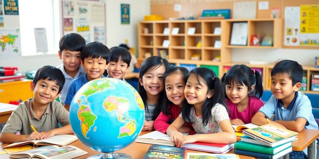 Diverse children engaged in learning in a classroom.