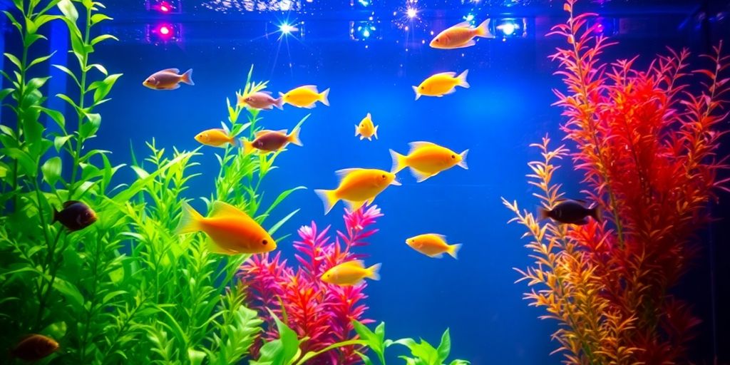 Colorful aquarium lights illuminating fish and plants.