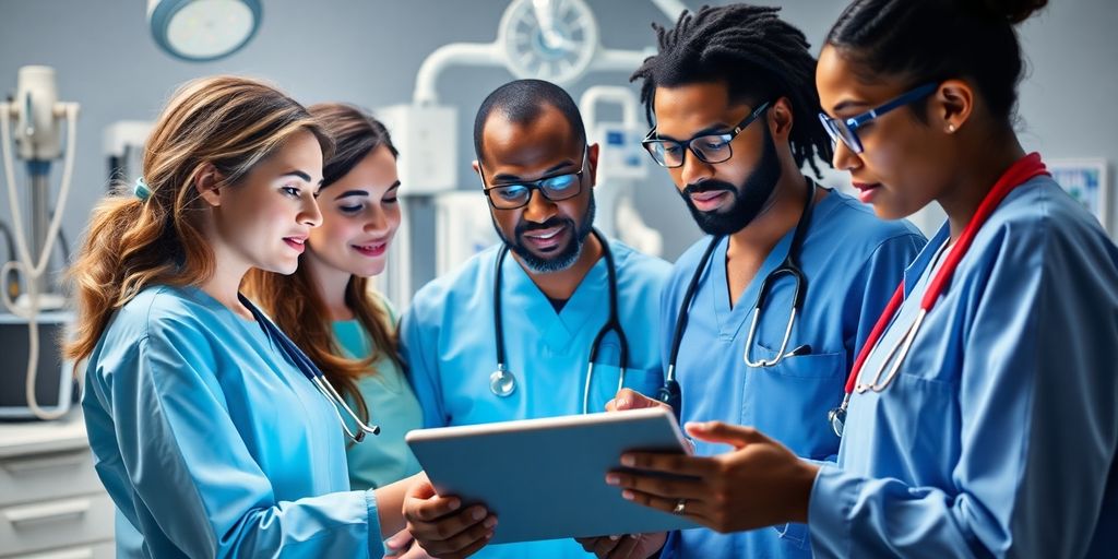 Healthcare professionals discussing AI challenges in a clinic.