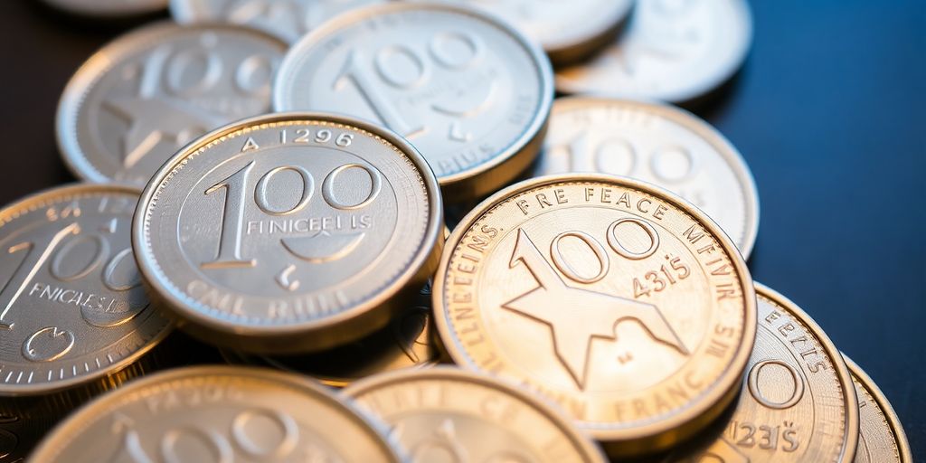 Pile de pièces de 100 francs en argent.