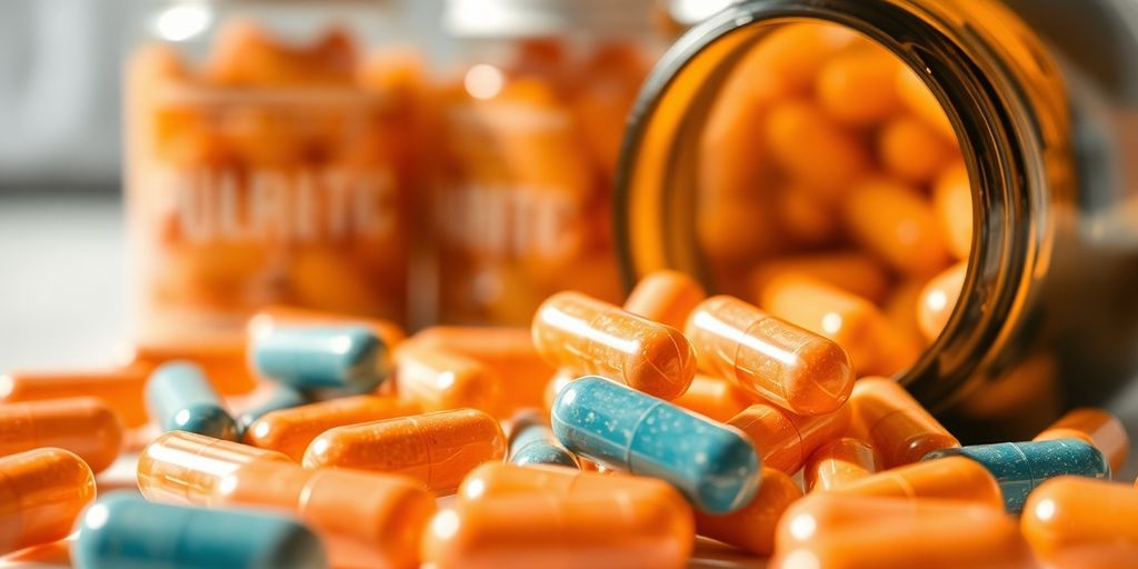 Probiotic capsules and jars with a blurred background.