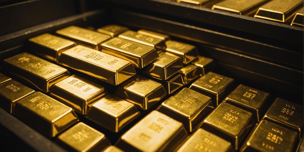 Stacks of gold bars in a dimly lit vault.