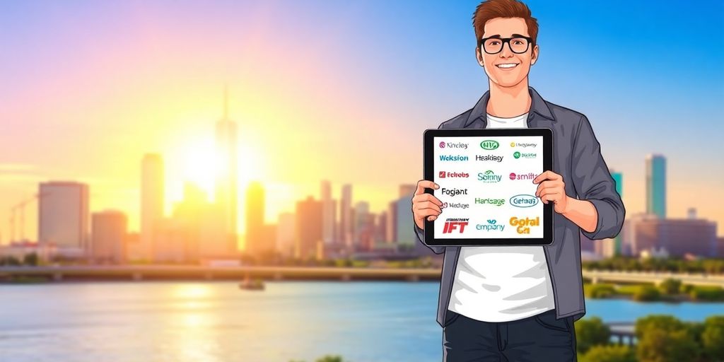 Person standing before Houston skyline, holding job search tablet.