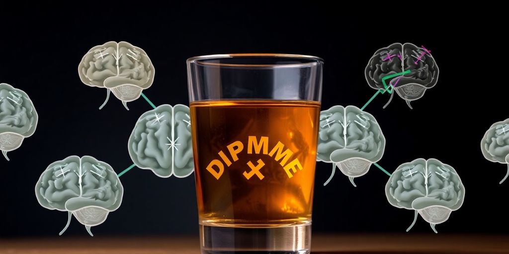 Glass of alcohol with brain illustrations in background.