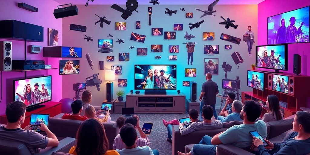 Streaming devices and diverse viewers enjoying modern entertainment.