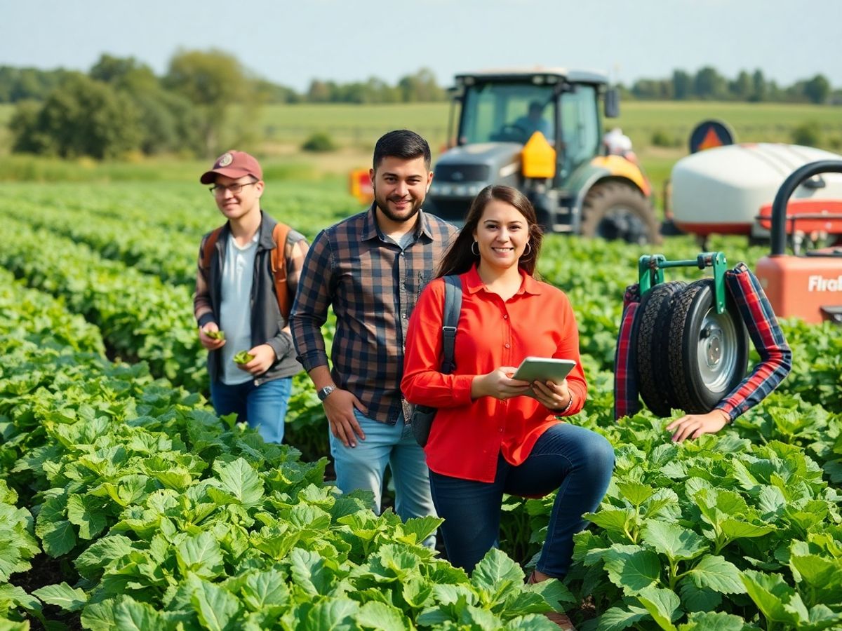 Tineri antreprenori lucrând pe un câmp agricol modern.