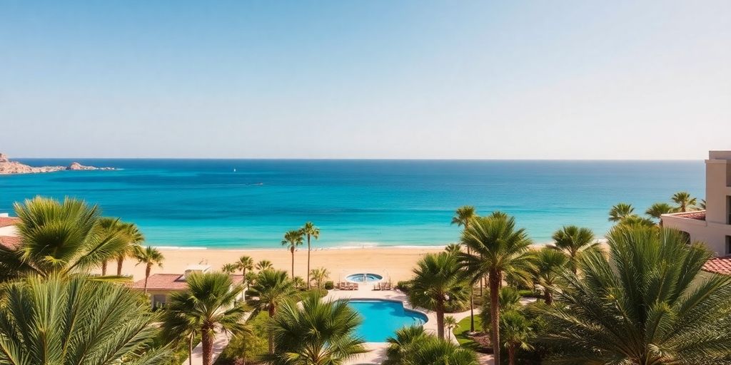 Villa del Palmar Cabo con palmeras y playa.