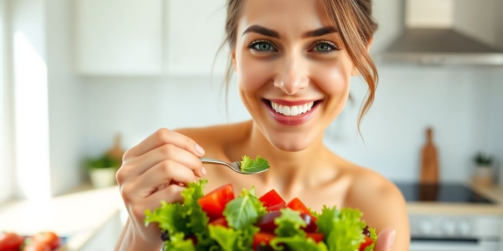 A woman eating fresh salad, smiling.