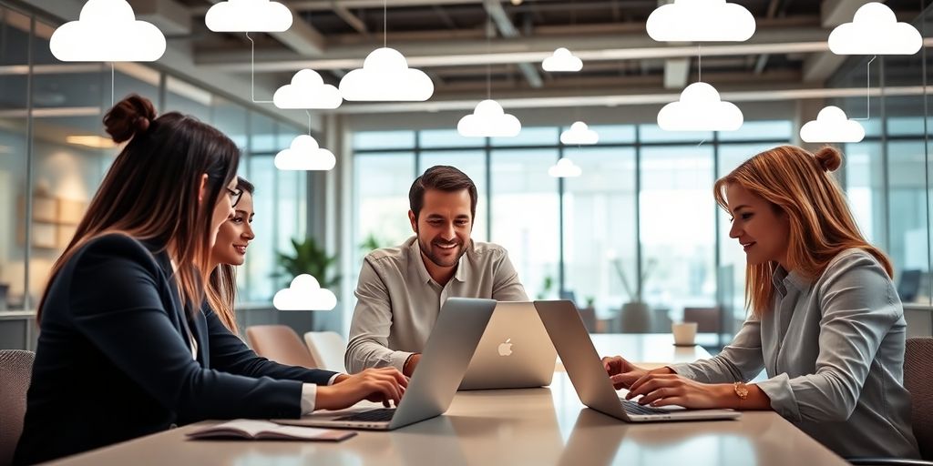 Professionals collaborating in a modern office with cloud icons.
