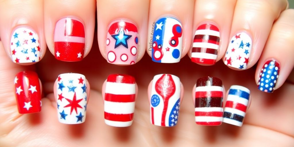 Colorful Fourth of July themed nail art designs.