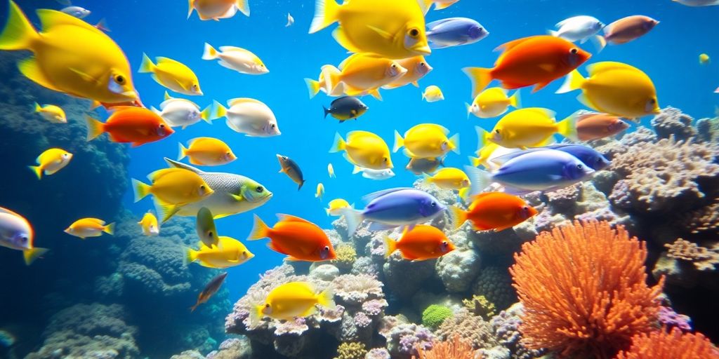 Colorful saltwater fish in a coral reef aquarium.