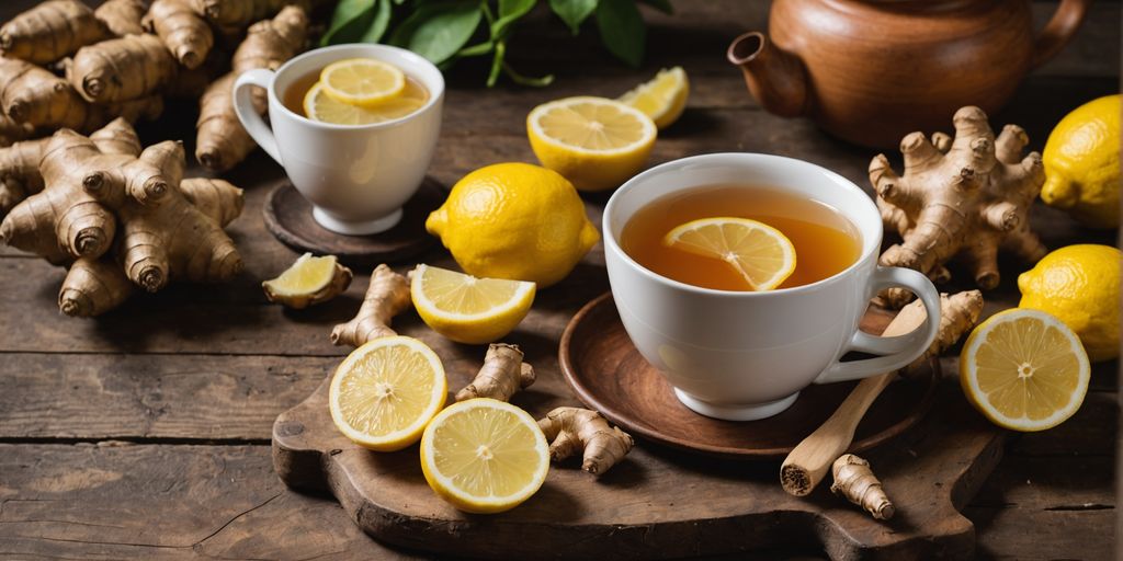 Cup of ginger tea with fresh ginger and lemon